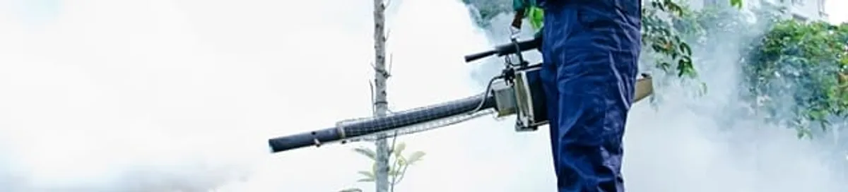 Pest control technician fogging an outdoor area for insect control in Raleigh, NC